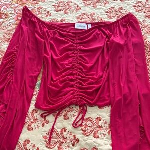 BKE Red Ruched Off-Shoulder Blouse
